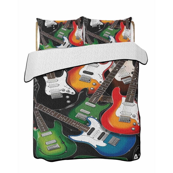 Electric Guitar 3 Pieces Quilt Set, 1 Quilt with 2 Shams, Colorful Guitar Music Instrumentation Bedspread Soft Lightweight Bedding Coverlet Comforter Set for All Season 96"x106"