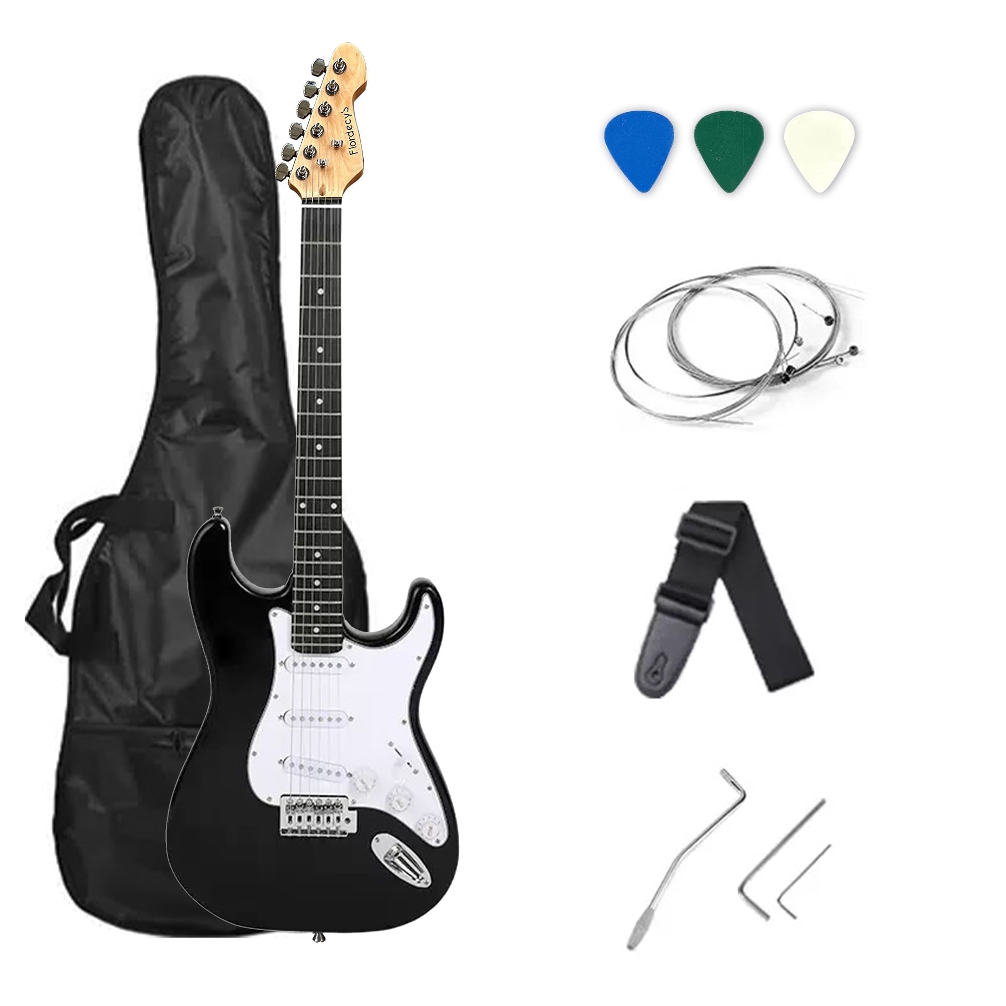 Flordecy's  39 inch Electric Guitar Beginner Kit for Adults, Solid Wood ST Body S-S-S Pickups with Accessories, Black