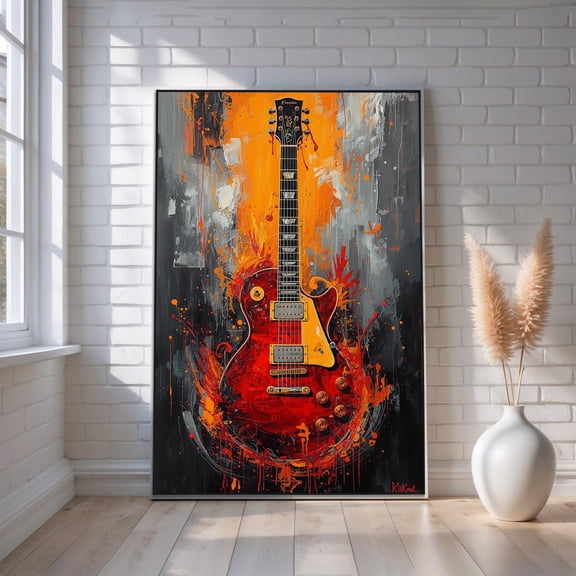 Electric Guitar Abstract Art Modern Music Canvas Wall Art Vibrant Red & Orange Painting Rock Roll Studio Or Bar Decor Ready To Hang, Unframed Canvas Size 12x18