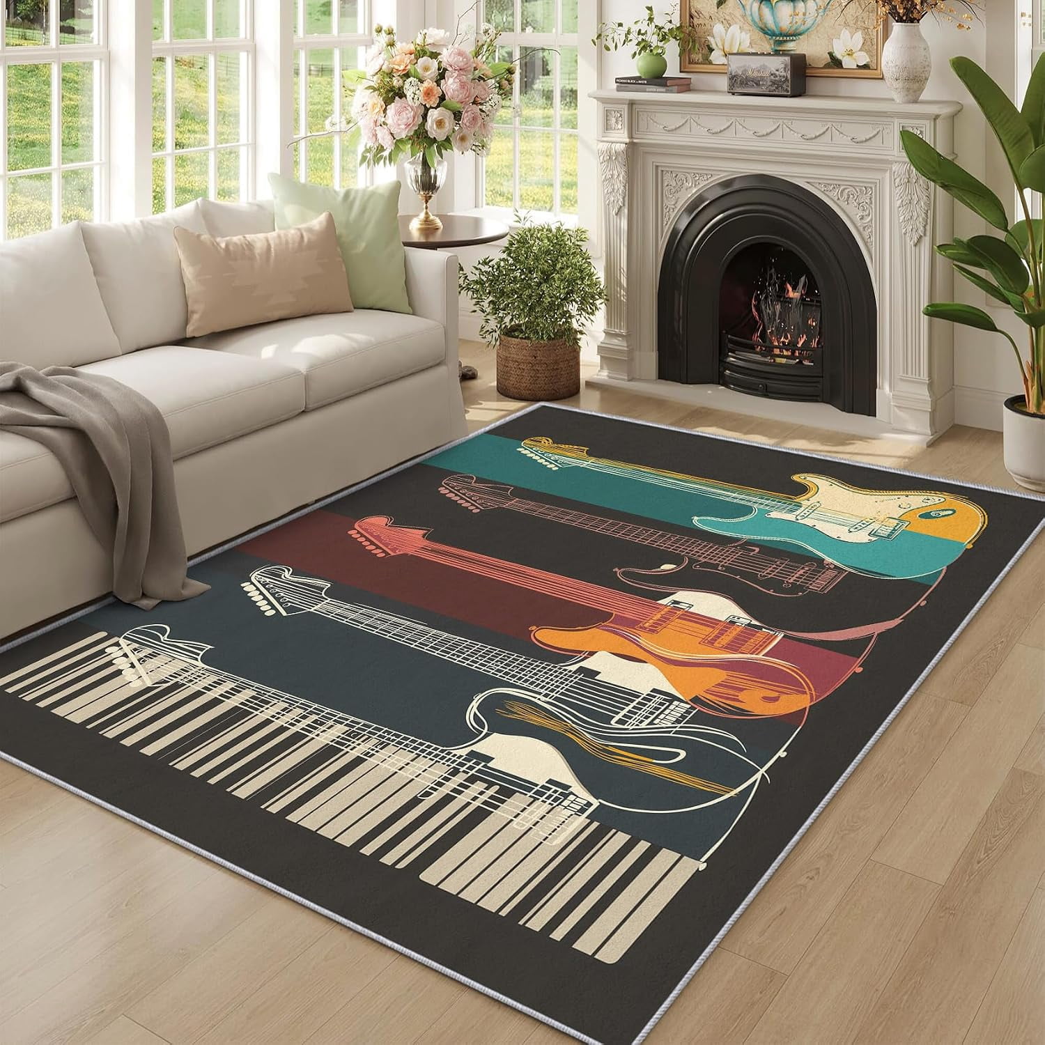 String Instrument Project Electric Guitar Area Rugs, Vintage Musical Instrument Carpet, Washable ...