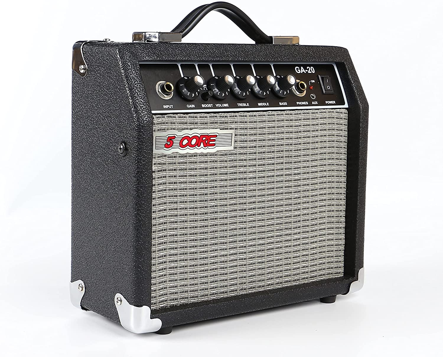 Electric Guitar Bass Amp 20 Watt Amplifier Built in Speaker Headphone Jack and Aux Input Includes Gain Boost Middle Treble Volume Black 5 Core