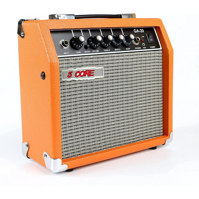 Electric Guitar Bass Amp 20 Watt Amplifier Built in Speaker Headphone Jack and Aux Input Includes Gain Boost Middle Treble Volume – Orange 5 Core