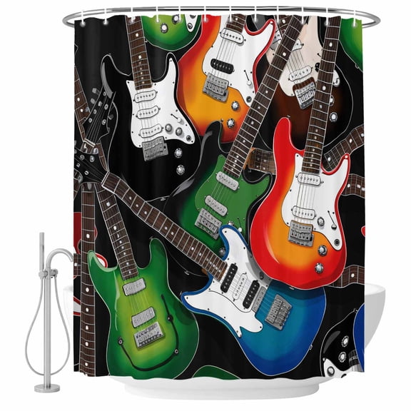 Electric Guitar Bathroom Shower Curtains with Hooks, Colorful Guitar Music Instrumentation Waterproof Fabric Washable Shower Curtain for Home Hotel Bathtub Decor 36x72 Inch