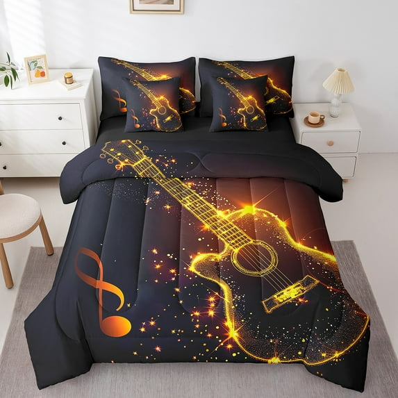 Electric Guitar Bed in a Bag King 7 Pieces,Golden Music Notes Comforter Set Reversible Musical Stringed Instruments Design,Soft Breathable Bedding Sets with Comforter,Sheets,Pillowcases & Shams