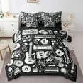 thumbnail image 1 of Electric Guitar Bedding Set Old Vinyl Record Full Comforter Set 7pcs, Vintage Trumpet Headphone Bedding Comforter Sets Jazz Funk Rock Music Bed in a Bag, Hippie Drum Kit Set Bed Sheets Set Black White, 1 of 4