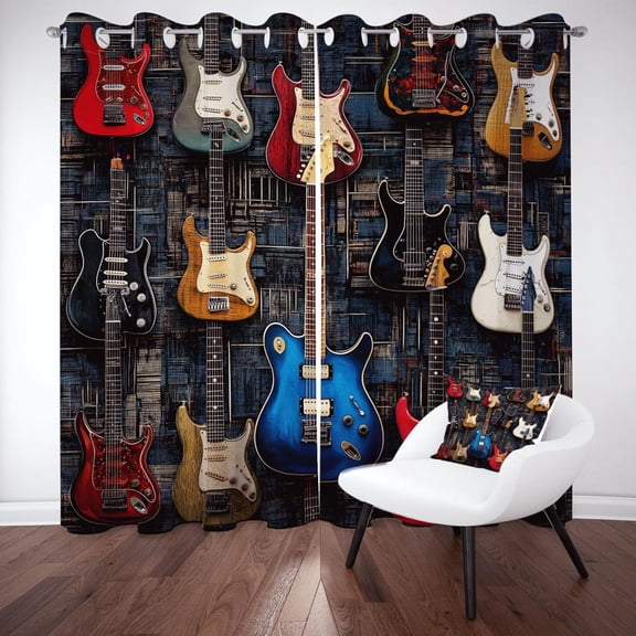 Electric Guitar Blackout Curtains For Living Room, Electronic Rock Music Curtains Soundproof Thermal Insulated, Black Blue Grommet Room Darkening Drapes 21"W x 45"L (Pack of 2)
