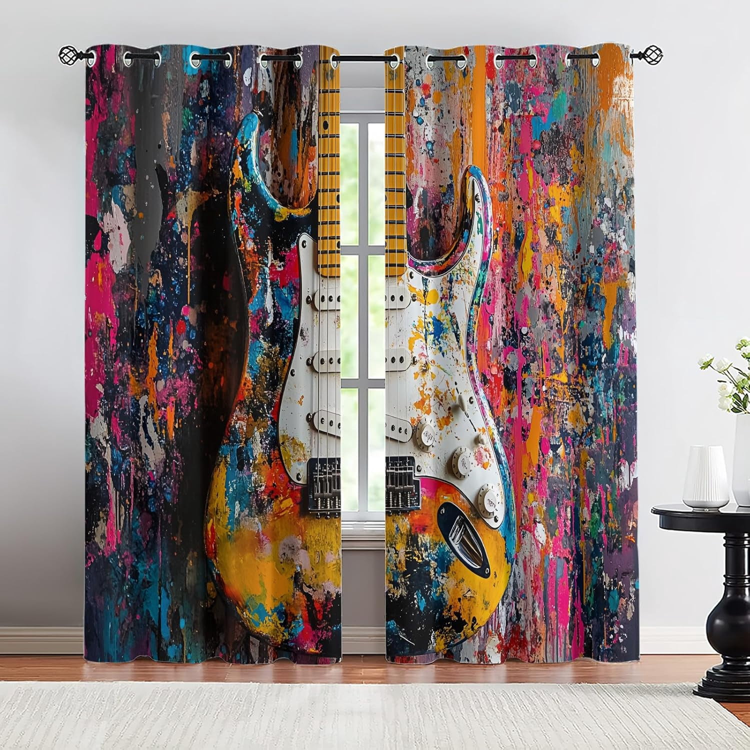 Electric Guitar Blackout Curtains, Street Graffiti Music Drapes for ...