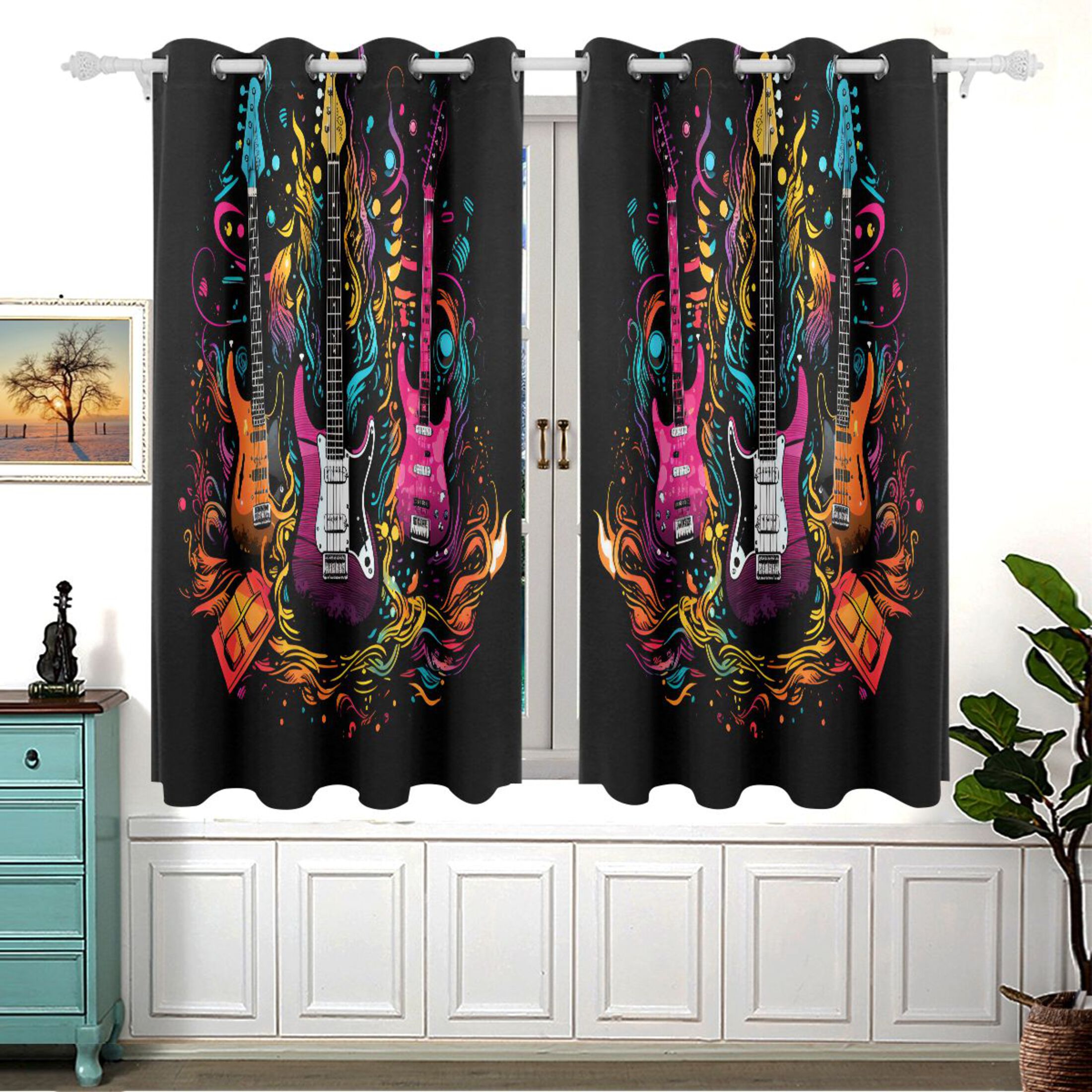 Electric Guitar Blackout Curtains for Bedroom 54x55 in 2 Panels Drapes Thermal Insulated Grommet for Living Room Indoor Windows