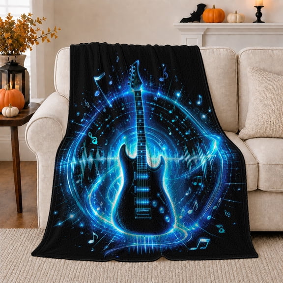 Electric Guitar with Blue Audio Wave, Dynamic Graphic Style for Guitar Lovers, Concert Energy Pattern and Birthday Gift, Cozy Flannel Blanket for Music Room and Dorm, Home Decor