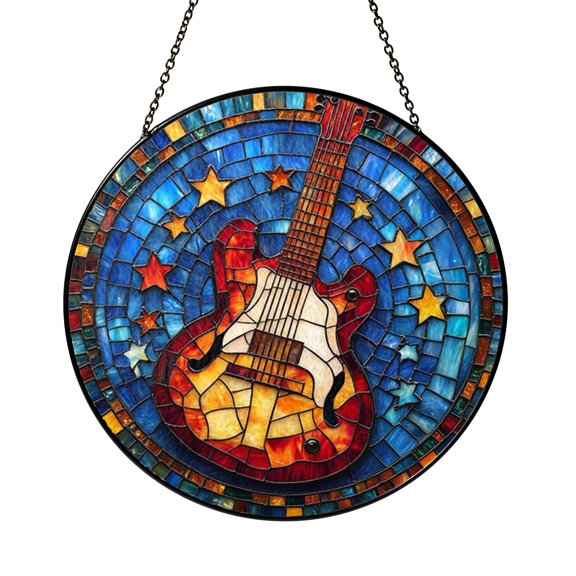 Electric Guitar Boho Stained Glass Style Window Suncatcher, Starry Sky Decorative Hanging Panel Ornament for Music Lover Window Art and Boho Home Decor