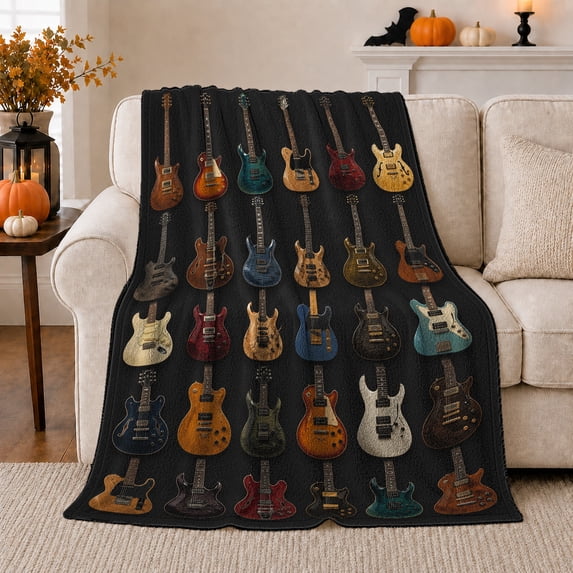Electric Guitar Collection on Black Background, Energetic Retro Music Pattern for Guitar Lovers, Birthday Gift, Cozy Flannel Blanket for Game Room and Dorm, Retro Home Decor