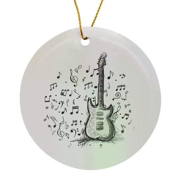 3drose, Electric Guitar Design with Musical Notes Floating Around, Circle Porcelain Ornament