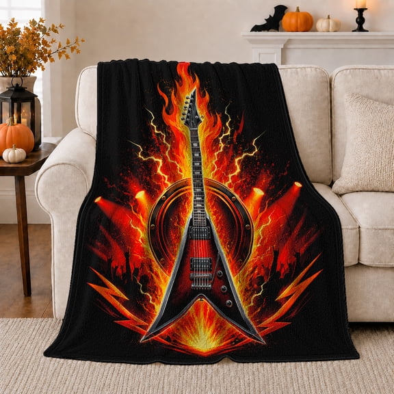 Electric Guitar Flame Art Rock Concert Scene High, Dramatic Artistic Scene, Warm Flannel Blanket for Office and Dorm, Art Lovers Housewarming Gift, Artistic Home Decor