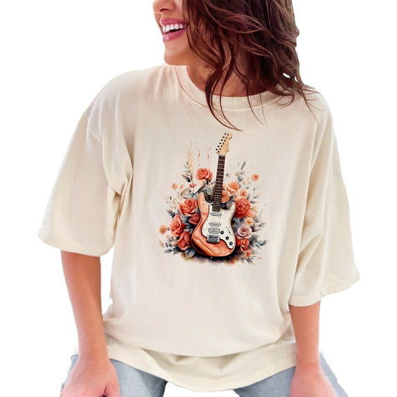 Electric Guitar Floral Art T-Shirt, Music Lover Gift, Rock and Roll Apparel, Artistic Graphic Tee, Vintage Guitarist Shirt, Ivory Comfort Colors T-Shirt, Medium