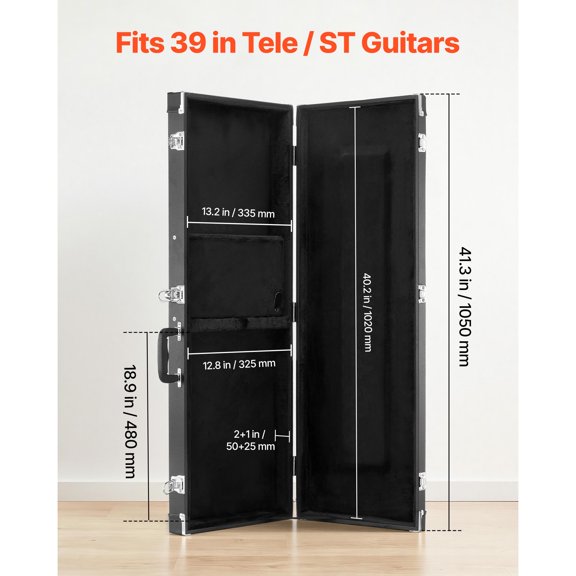 Electric Guitar Hard Case, 41.3 Inch, Rectangle Wooden Hard-Shell Protective Carrying Case, with Lock Latch, Padding, Accessory Compartment, Key, for 39 Inch Tele/ST Electric Guitars, Black