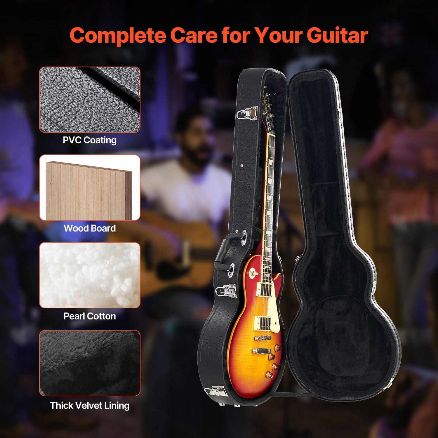 Electric Guitar Hard Case, 41.34 in Gourd-Shaped Guitar Hard Case, With Lock Latch Keys Handle, PVC Padding Soft Lining Water-Resistant Hard Shell Guitar Case, for 39 in LES Paul Guitars, Black