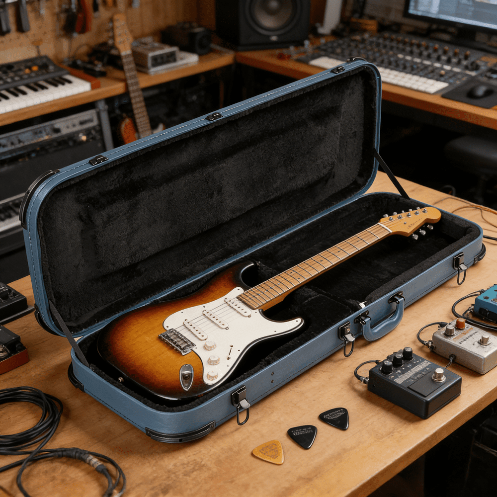 Electric Guitar Hard Case 41.7in x 14.6in x 2.4in 8lbs Lockable Wood Shell PU Leather Plush Lining ST TL 170 Style Protective Sleeve Blue Accessory Storage Chrome Latches Musician Instrument Box