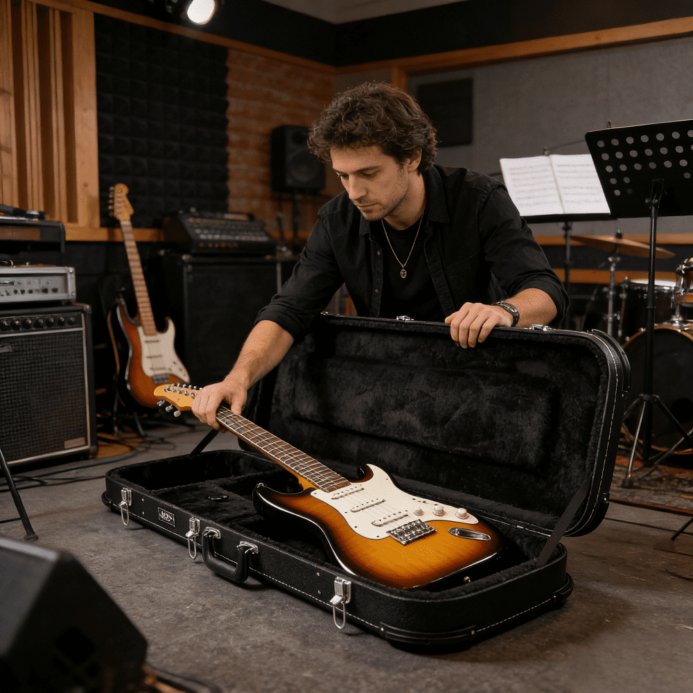 Electric Guitar Hard Case 42In Lockable Wood Frame Plush Interior ST TL 170 Style Protective Sleeve Black Chrome Latches Accessory Storage 8Lbs Impact Resistant Gig Bag Musician Travel Tour Road