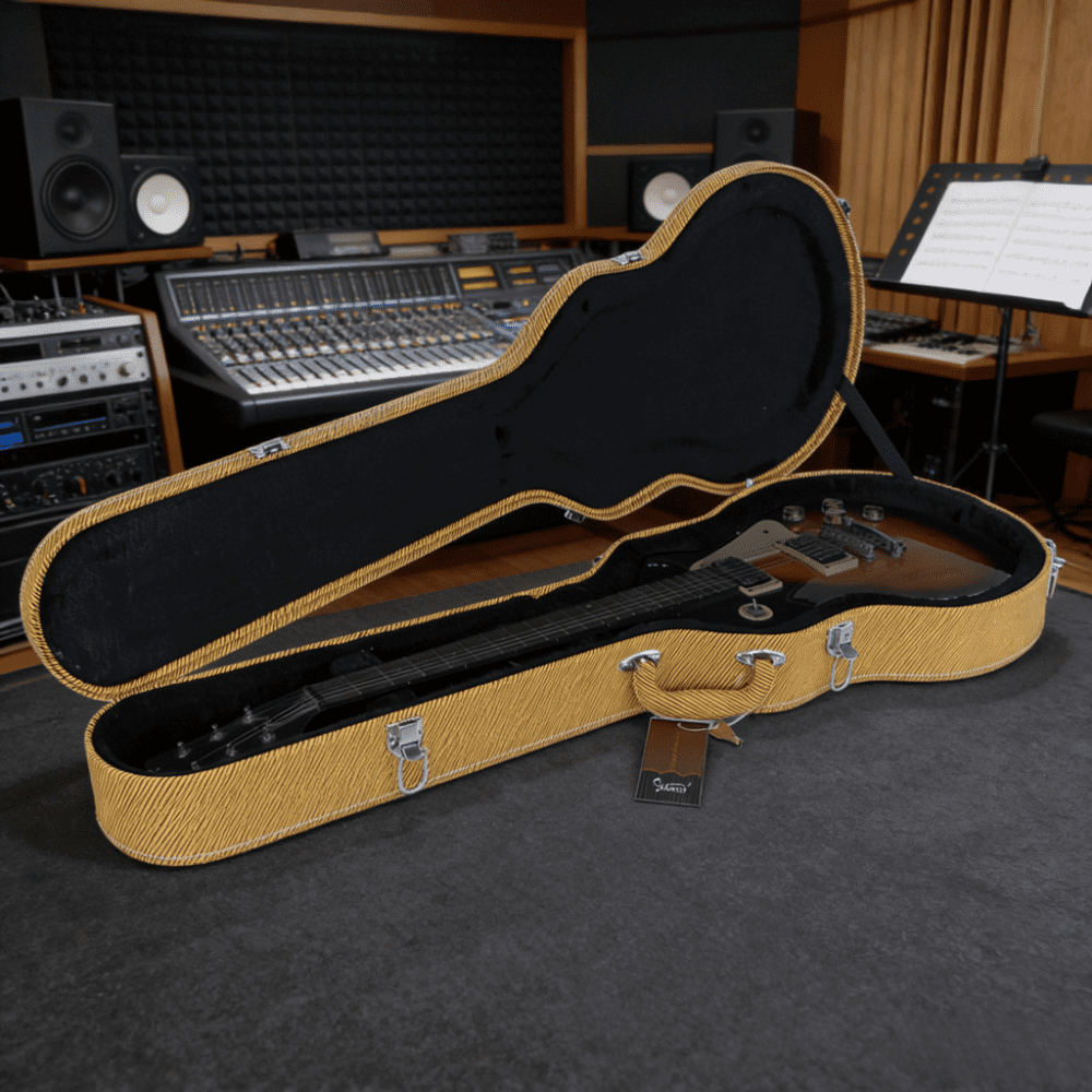 Electric Guitar Hard Shell Case for GLP Style Guitars Road Ready Touring Case with Plush Interior Lockable Latches Bulge Surface Design Protective Bumpers Yellow Home Studio Stage Travel Storage