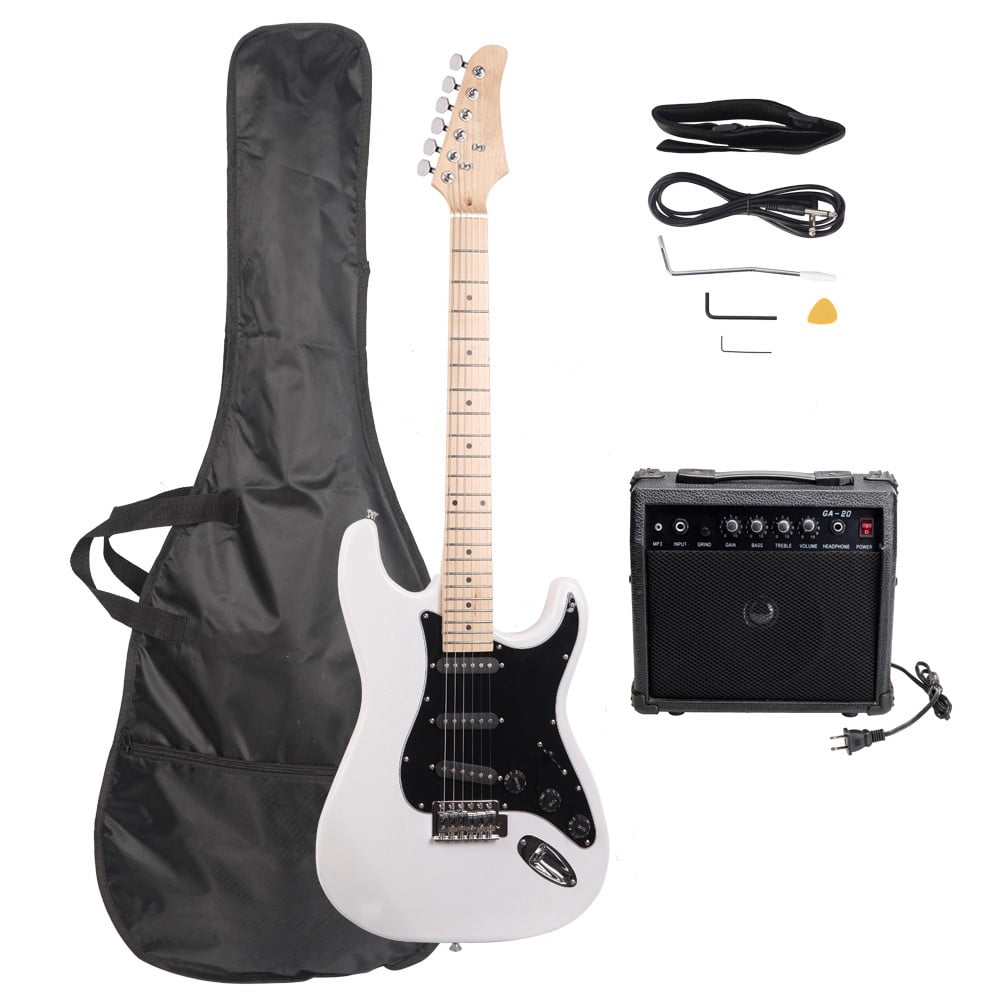 Electric Guitar Kit - 6-String Guitar with 20W Amplifier, Black Pickguard, Carry Bag, Shoulder Strap, Accessories Pack (White)