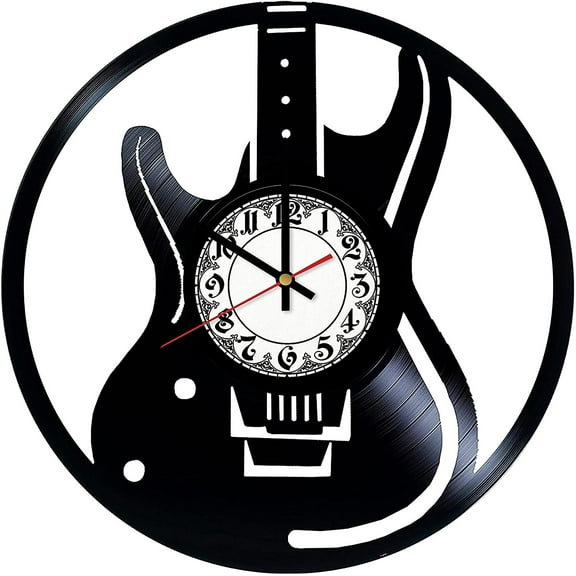 Electric Guitar Music Vintage Black Vinyl Record Wall Clock Wall Art 3D Modern Design Office Bar Room Home Decor Gift