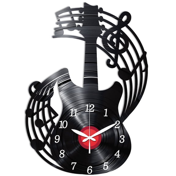 Electric Guitar Pattern Wall Clock 16.1 Inch Notes and Record Non-Ticking Irregular Shape Clocks Wall Hanging Clock Battery Operated