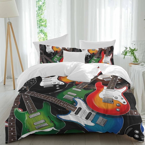 Electric Guitar Queen Size Comforter Set, Colorful Guitar Music Instrumentation Bedding for All Seasons, 4 Pcs Bed Set, 1Quiltcover (90"x92") ,1Sheet(94"x116"), 2Pillowcases (30"x20")