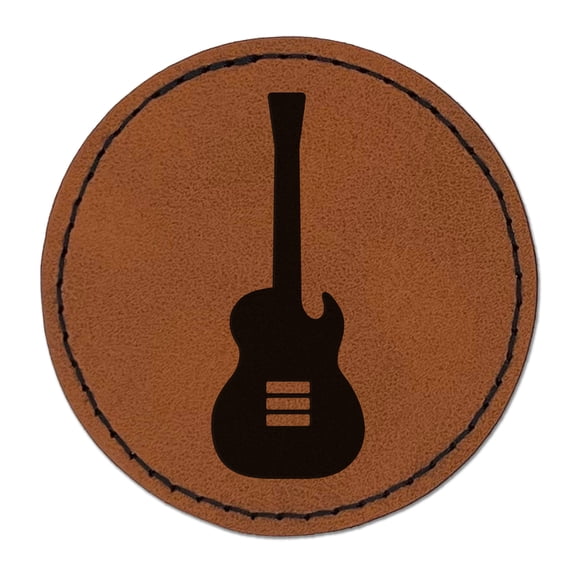 Electric Guitar Silhouette 2.5" Faux Leather Round Engraved Iron-On Patch - Brown