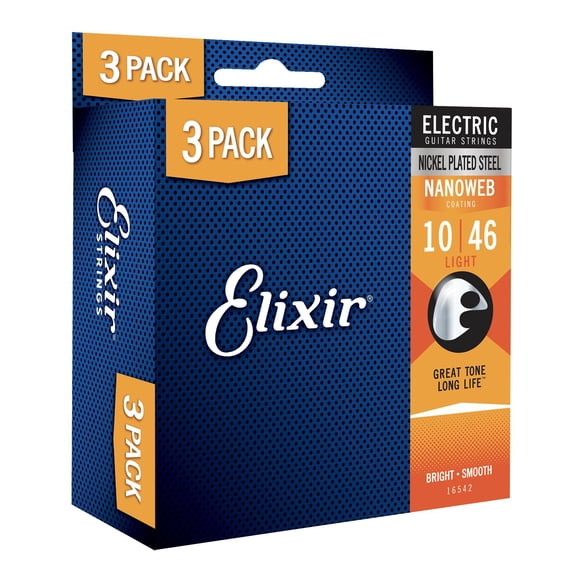 Electric Guitar Strings 10-46 Light Gauge, Nickel Plated Steel NANOWEB Coated, Long-Lasting Bright Tone Smooth Feel, 6 Strings 3 Pack