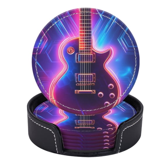 PU Leather Coasters for Drinks Bar Beer,Set of 6 with Holder,Round Housewarming Gift,Electric Guitar With Energy Grid Background