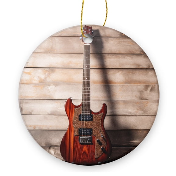 Electric Guitar on Wooden Music Vintage Multicolor - Christmas Ornament Xmas Keepsake Ceramic Ornaments Holiday Decorations for Tree Christmas Gift Ideas 2.95in