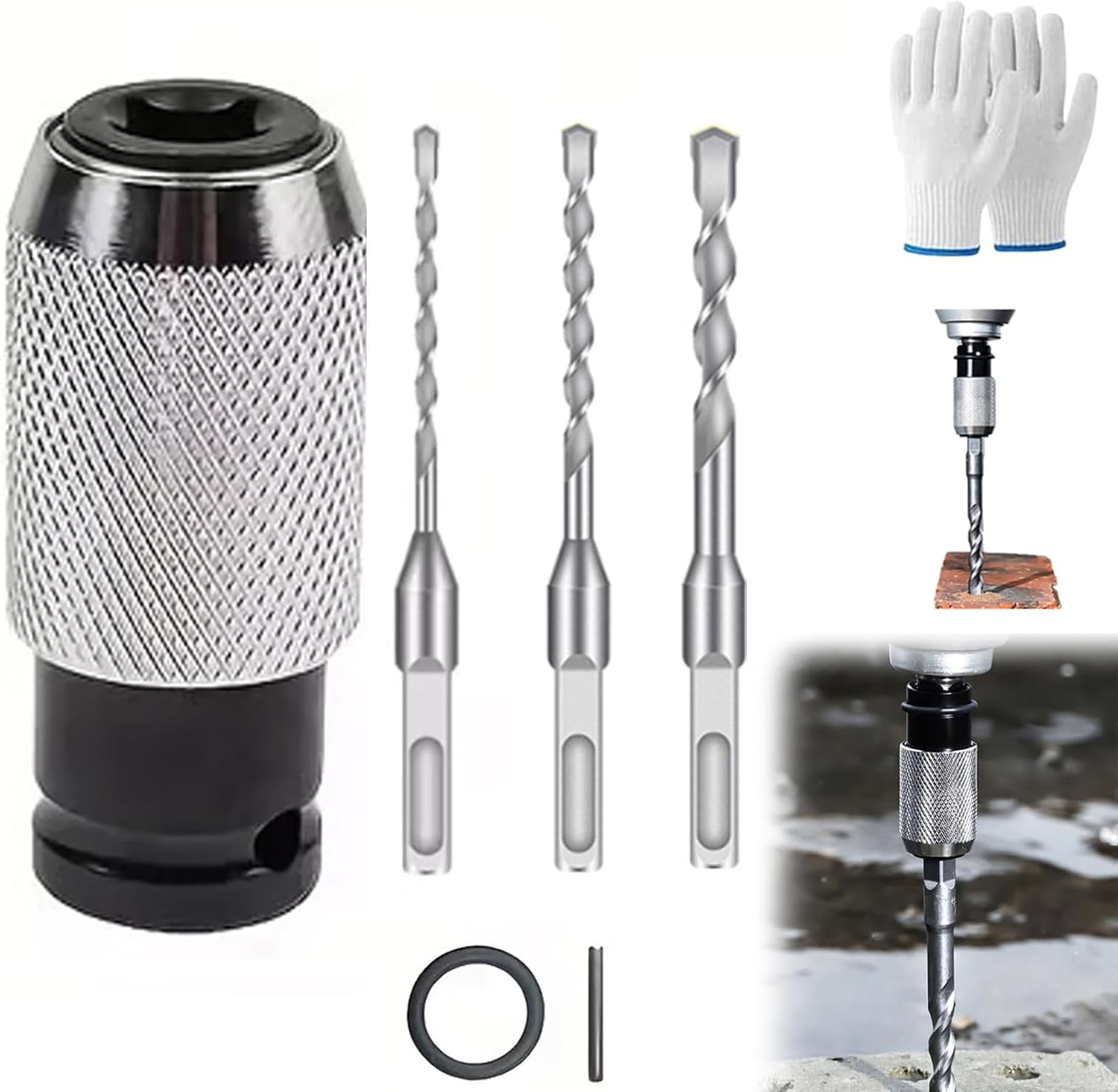 Electric Hammer To Drill Converter, Rotary Hammer Adapter with 4 Impact Drill Bits Set for Concrete Brick Stone Drilling