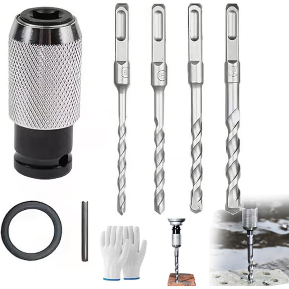 Electric Hammer To Drill Converter, Rotary Hammer Adapter with 4 Impact Drill Bits Set for Concrete Brick Stone Drilling