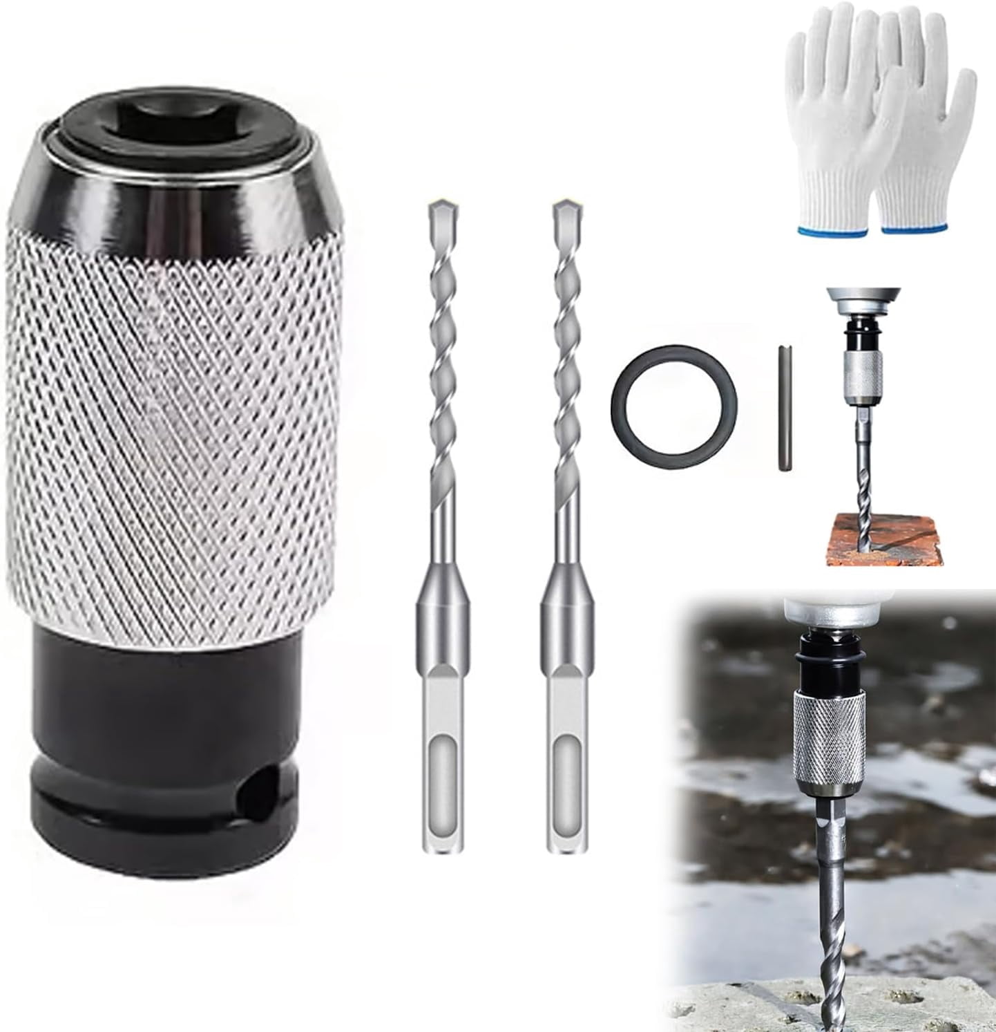 Electric Hammer To Drill Converter, Rotary Hammer Adapter with 4 Impact Drill Bits Set for Concrete Brick Stone Drilling