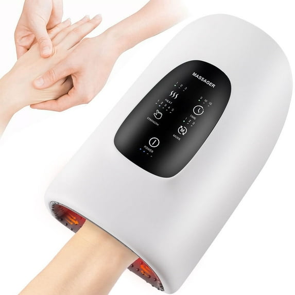 Hand Massager with Heat Compression, 3 Vibration, Heated & Timing Modes, 5 Levels Intensities, 2000mAh Battery Charging for Relax Hand Muscle, White