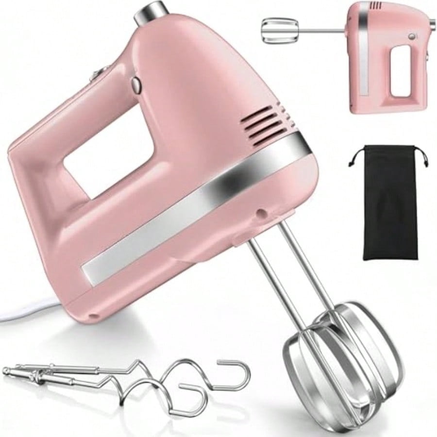 Electric Hand Mixer Powerful 300W Hand Mixer Electric Handheld with 304 Beaters Dough Hook Hand Held Mixer with Turbo for Baking Cakes Eggs Cream Food Pink