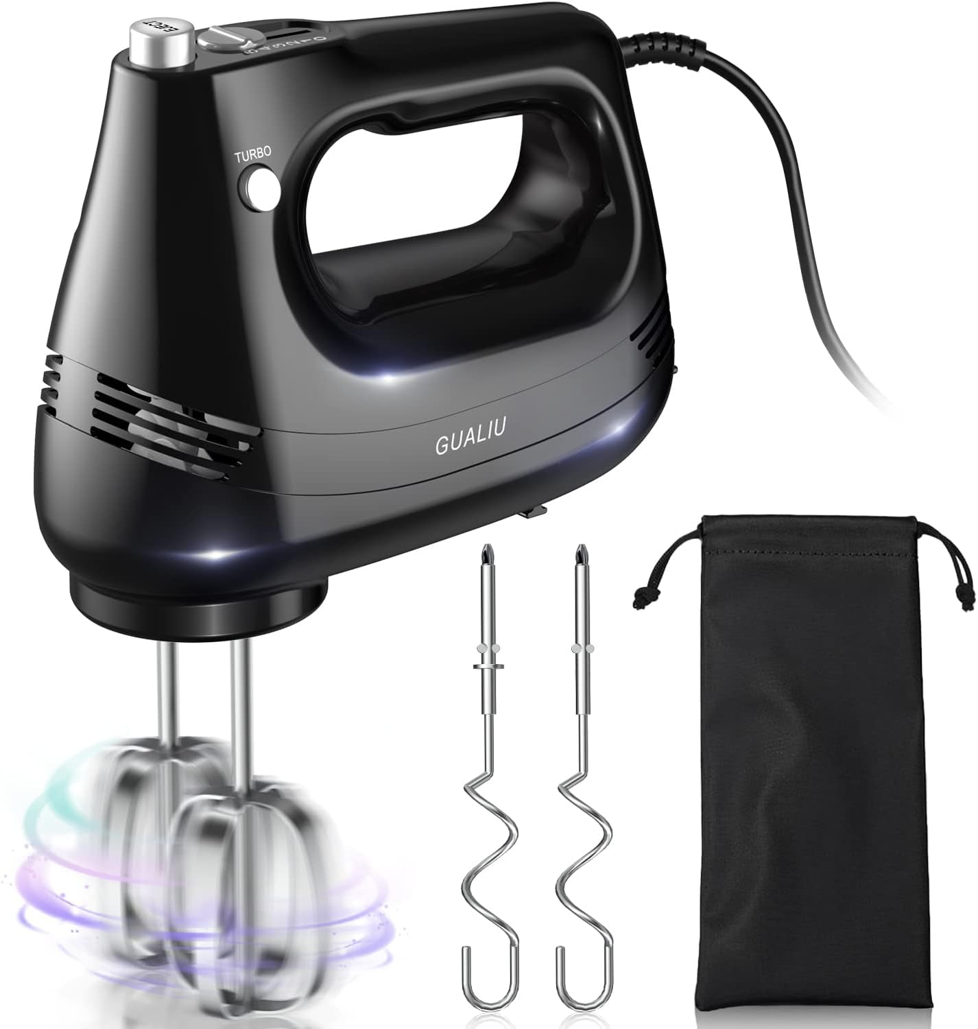 Electric Hand Mixer with Stainless Steel Whisk, Dough Hook Attachment and Stora Bag, Handheld Mixer for Baking Cakes, Eggs, Cream Food Mixers. Turbo Boost /5 Speed Kitchen Blender