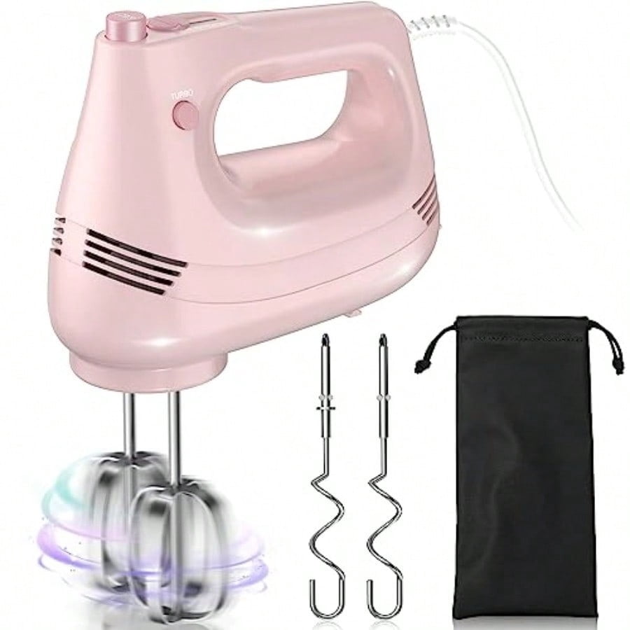 Electric Hand Mixer with Stainless Steel Whisk Dough Hook Attachment and Storage Bag Handheld Mixer for Baking Cakes Eggs Cream Food Mixers. Turbo Boost/5 Speed Kitchen Blender PINK