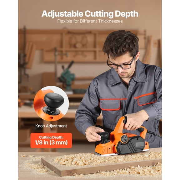 Electric Hand Planer 3-1/4-Inch Cut Width 7-Amp 14500 RPM Corded Power Handheld Planer for Wood with Adjustable Cut Depth 2 Blades for Woodworking Wood Chamfer DIY Smooth Finish Carpentry