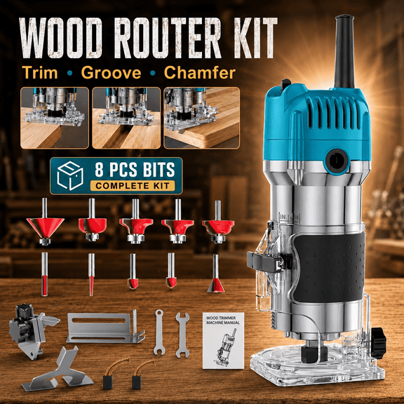 Electric Handheld Wood Trimmer Set with Luxury Accessories, Portable Palm Carving Milling Machine for Edge Trimming and Chamfering