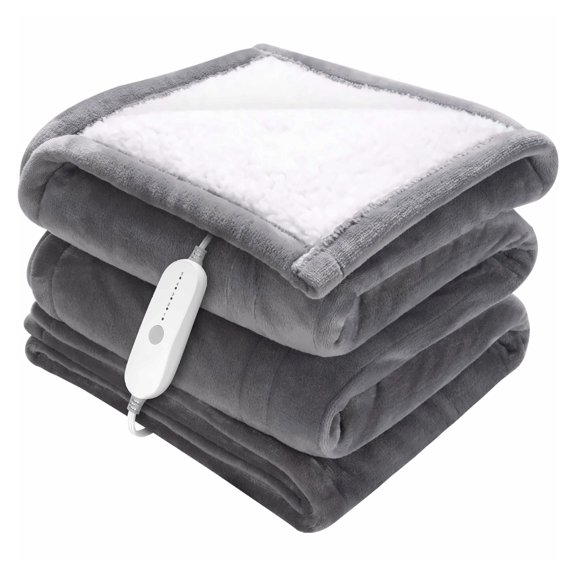 Electric Heated Blanket 50x60 Twin, Soft Flannel Sherpa Throw, 5 Heat Settings, 3-Hour Auto-Off Timer, Machine Washable, ETL Certified (Grey)