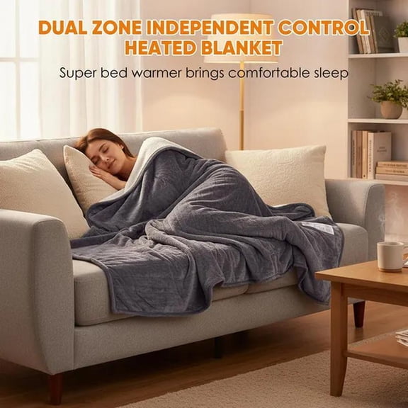 Electric Heated Blanket, Dual Zone Control, Heat Settings, Auto-Off, Flannel Sherpa Fabric