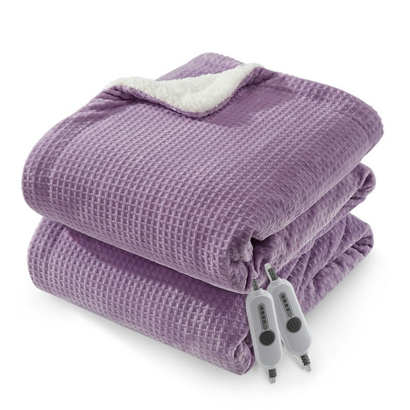 Electric Heated Blanket - Grey 90" x 100" King - Soft Flannel Waffle Weave - 4 Adjustable Heating Levels, Dual Control, Auto Shut-Off Timer - ETL Certified - Machine Washable