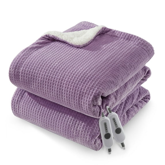 Electric Heated Blanket - Grey 90" x 100" King - Soft Flannel Waffle Weave - 4 Adjustable Heating Levels, Dual Control, Auto Shut-Off Timer - ETL Certified - Machine Washable