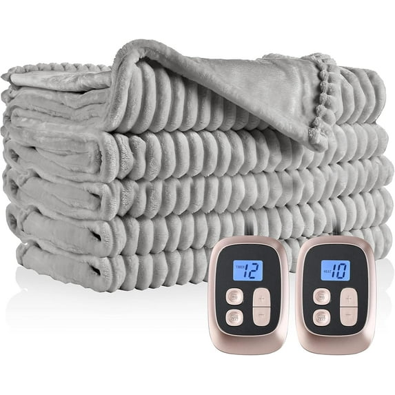 Electric Heated Blanket Queen Size 84"x90" with Dual Controls, Reversible Cozy Silky Flannel Fabric with Ribs, Fast Heating with 10 Heating Levels 12 Hours Auto-Off for Bedding -2dark Grey