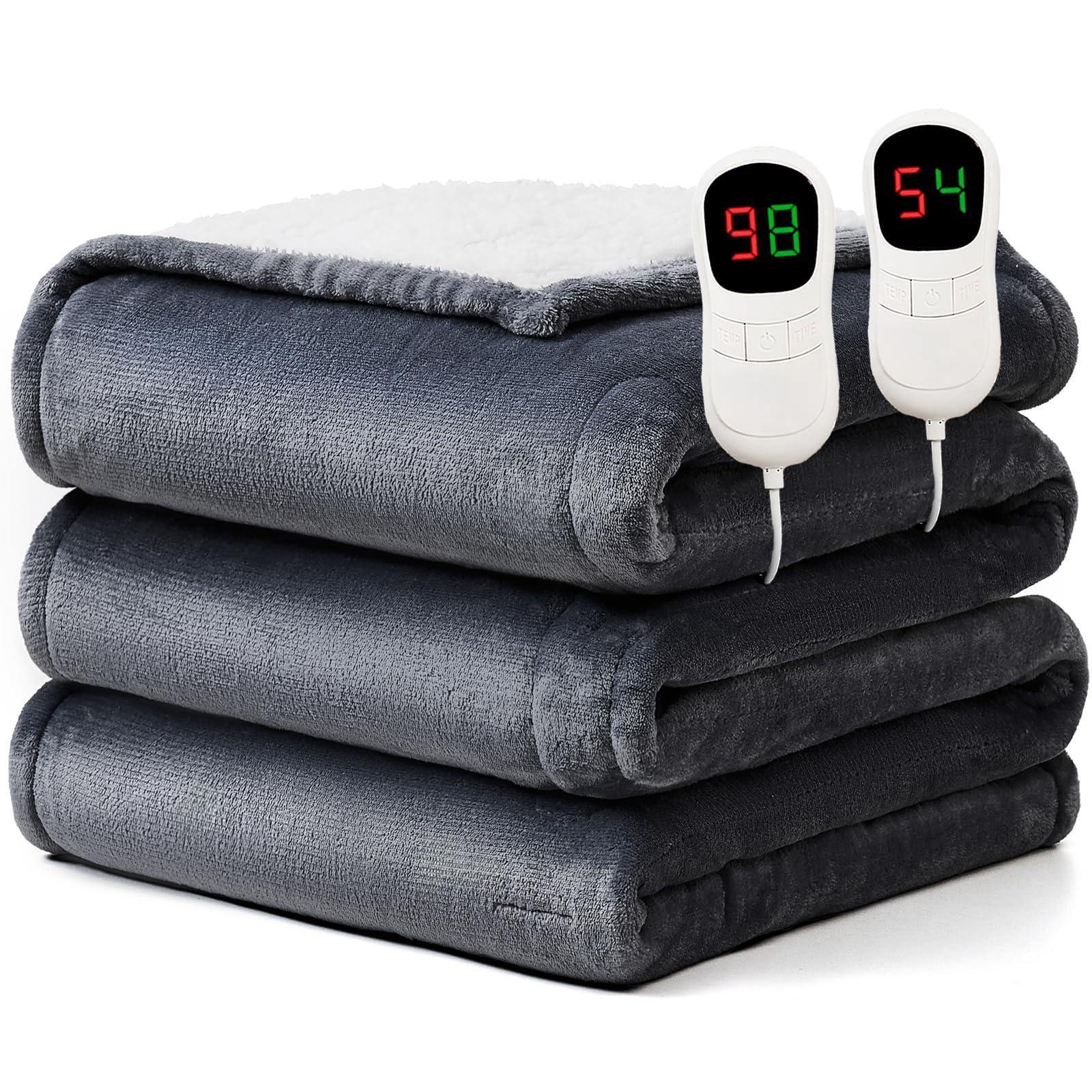Electric Heated Blanket Queen Size - 84"x90" Heating Dual Control 1/2/4/6/8 Hours Auto-off 10 Heat Level Over-heat Protection Flannel Sherpa Etl Certification
