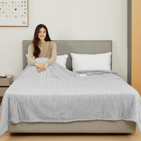 Electric Heated Blanket Queen Size, Fast Heating Soft Flannel Heated Blanket 84x90 inch with 8H Timer, 6 Heating Levels, Machine Washable, ETL & FCC Certified (Grey)