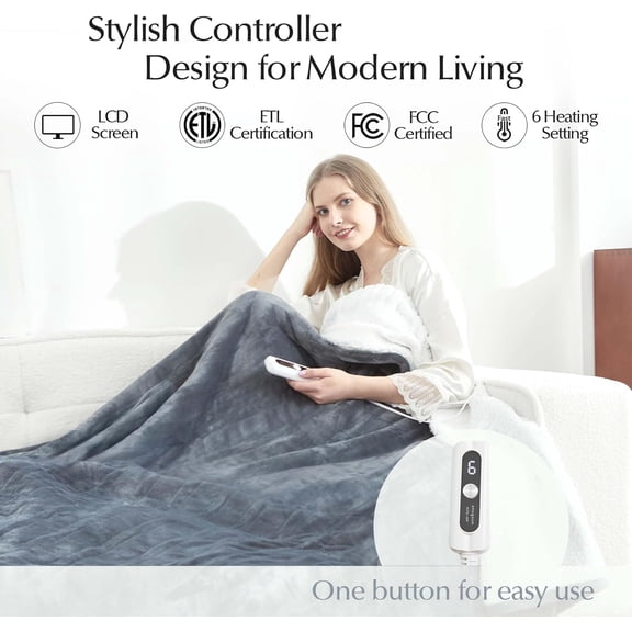 Electric Heated Blanket Queen Size, Soft and Cozy Thickened Flannel and Sherpa Electric Blanket for Bed, 6 Heating Levels & 10 Hours Auto-Off, 84"x90" London Grey