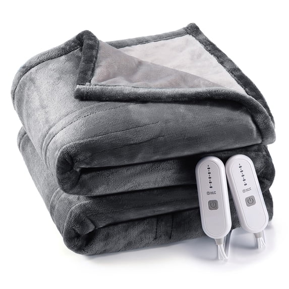 Electric Heated Blanket Queen Size with Dual Control, 4 Heat Settings & 10H Auto Off, Super Soft Flannel Heating Blanket, Machine Washable, Grey