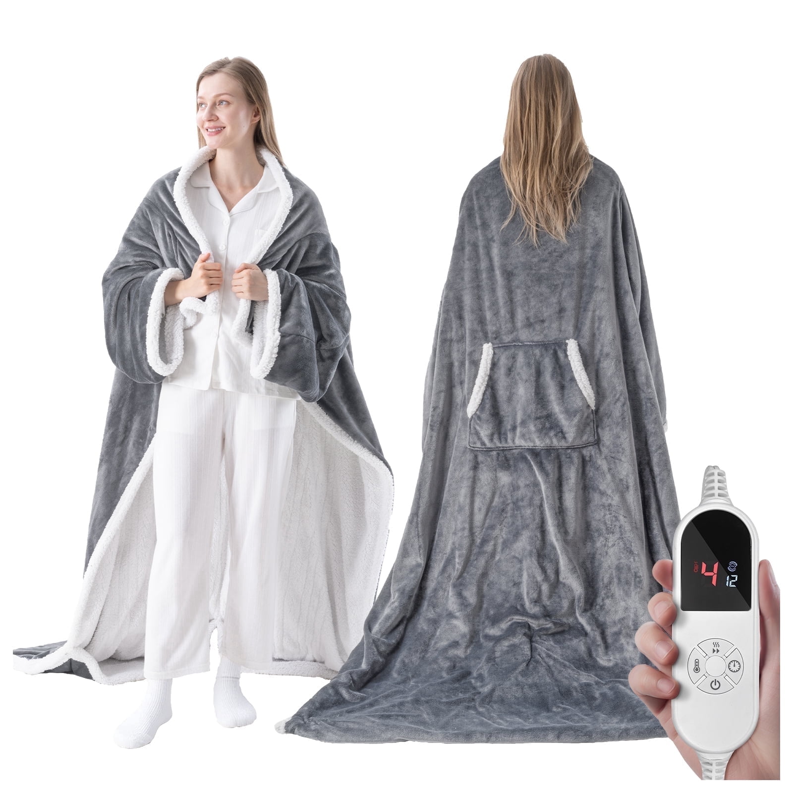 ELEKA Wearable Heated Blanket with Foot Pocket，Electric Blanket with Sleeves，6 Heating Levels,12 Hours Heating Time Settings，Drak Gray，52*72